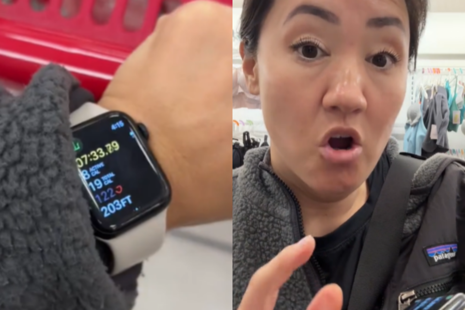 애플워치를 손목에 착용했을 때보다 발목에 착용했을 때 더 정확하게 걸음 수를 측정할 수 있었다라고 주장하는 한 크리에이터 모습. (사진=틱톡 채널 'mediocremomadventures')