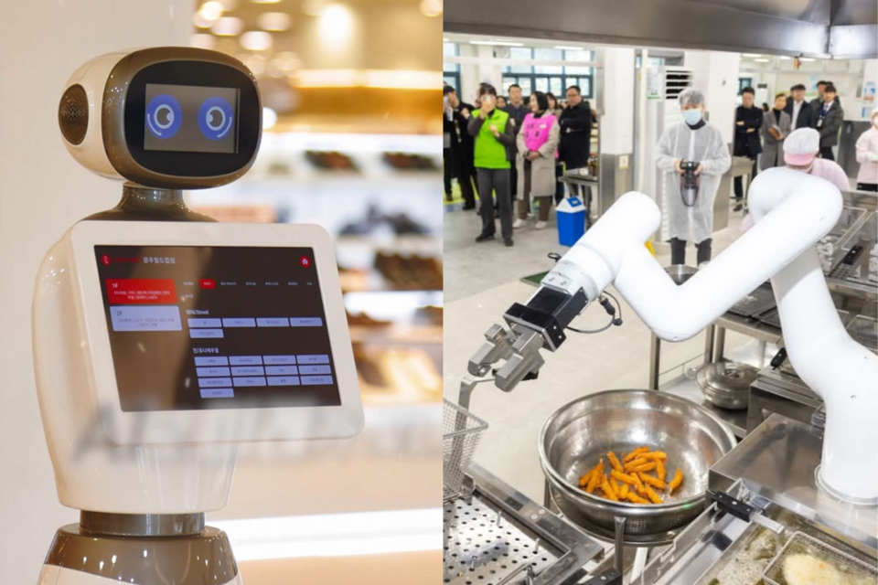광주 금남로 지하도상가와 대형 쇼핑몰에 도입된 써니팩토리의 무인 로봇과 송원고등학교에 도입된 조리로봇. (사진=광주광역시, 광주시교육청)