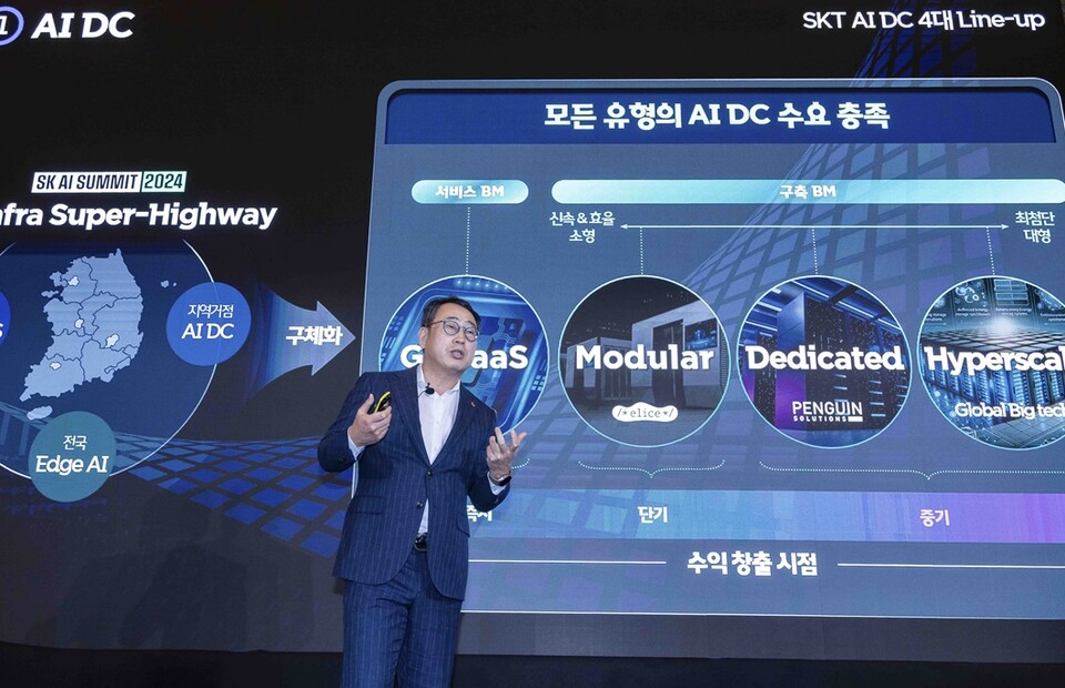 유영상 SKT CEO가 MWC25에서 열린 기자간담회에서 AI 사업 고도화 전략을 설명하고 있다. (사진=SKT)