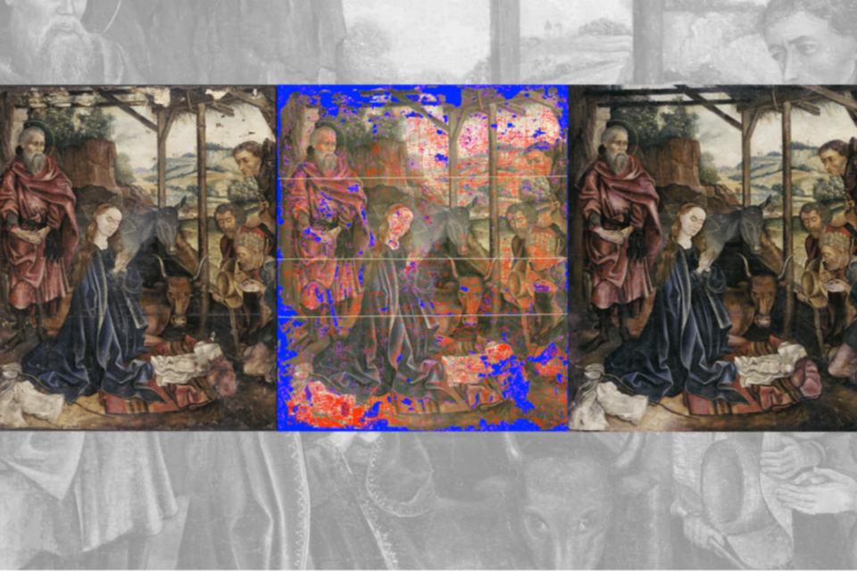 왼쪽부터 원본 작품과 AI가 손상 유형을 나타낸 그래픽, 복원 그림. (사진=MIT 연구진)