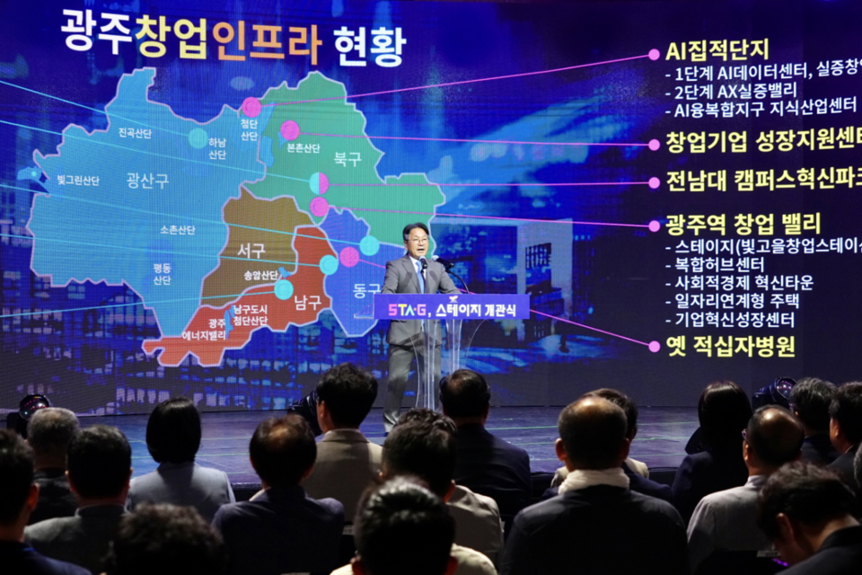 강기정 광주광역시장이 19일 오후 북구 빛고을 창업스테이션에서 열린 '스테이지(STA‧G) 개관식'에 참석해 환영사를 하고 있다. (사진=광주광역시)