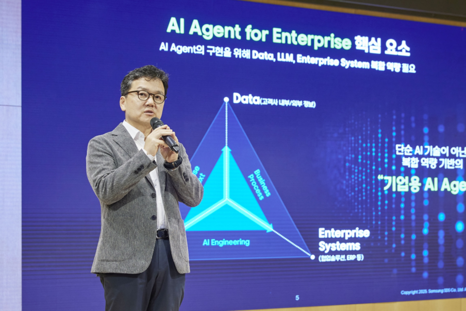 삼성SDS 이준희 대표이사(사장)가 6월 26일 진행된 삼성SDS 미디어데이에서 환영사를 전하고 있다. (사진=삼성SDS)