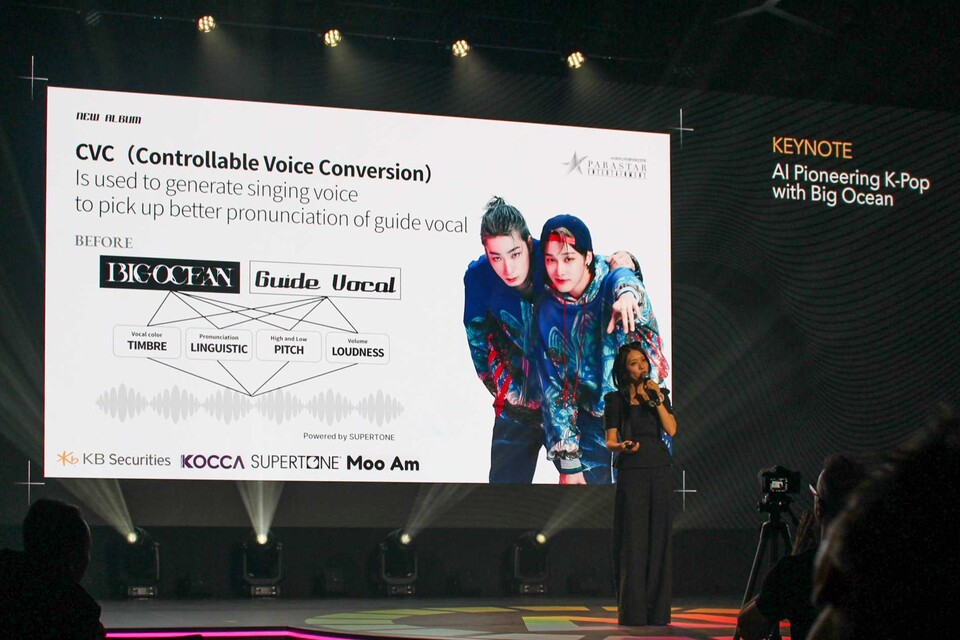 차해리 파라스타엔터테인먼트 대표가 지난 9일(현지시간) 스위스 제네바에서 열린 AI 포 굿 글로벌 써밋에서 수퍼톤과의 기술 협업에 대해 발표하고 있다. (사진=수퍼톤)