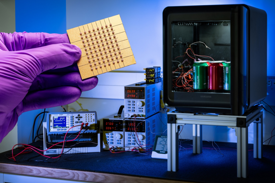 삼성전자와 존스홉킨스대학 연구팀이 개발한 나노 박막 펠티어 소자와 고효율 펠티어 냉장고. (사진=삼성전자)