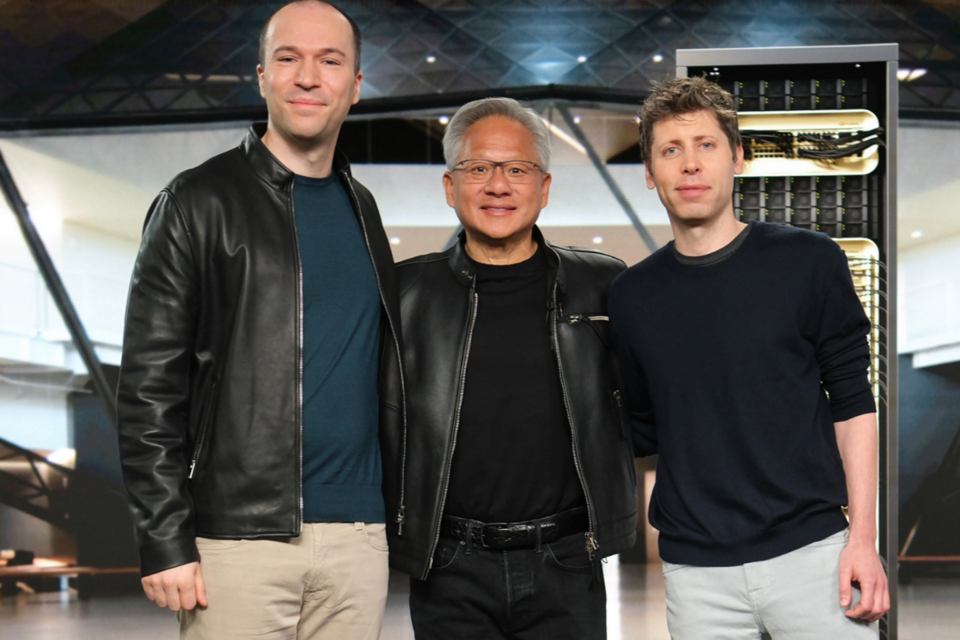 그렉 브록만 오픈AI 회장과 젠슨 황 엔비디아 CEO, 샘 알트만 오픈AI CEO. (사진=엔비디아)