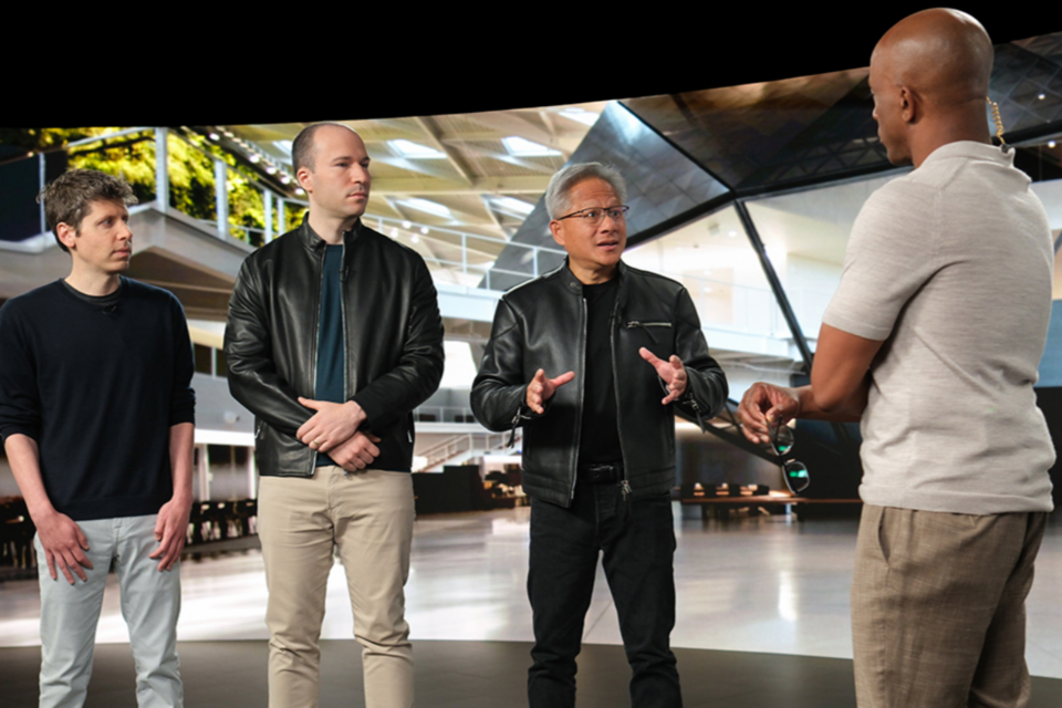 왼쪽부터 샘 알트만 오픈AI CEO, 그렉 브록만 오픈AI 회장, 젠슨 황 엔비디아 CEO, (사진=엔비디아)