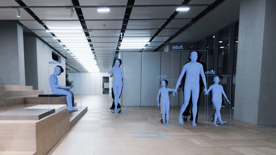 3D 바디 모델 Anny를 적용해, 로봇이 주행 중 어른과 아이의 형태를 3D로 재구성하는 모습. (사진=네이버랩스)